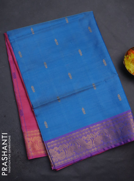 Banana pith saree dual shade of blue and pink with thread woven buttas and zari woven border