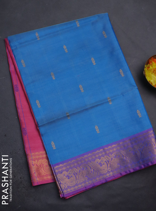 Banana pith saree dual shade of blue and pink with thread woven buttas and zari woven border