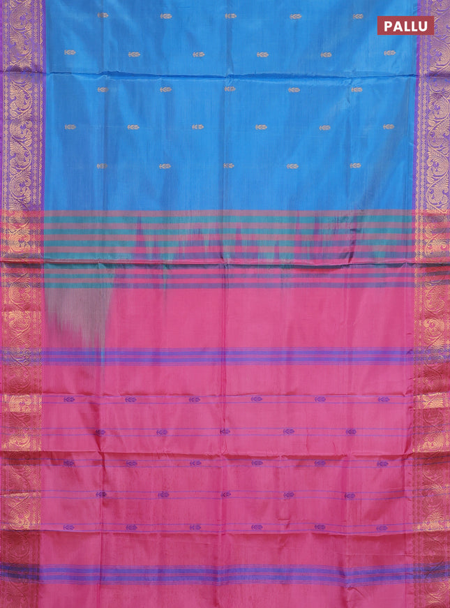 Banana pith saree dual shade of blue and pink with thread woven buttas and zari woven border