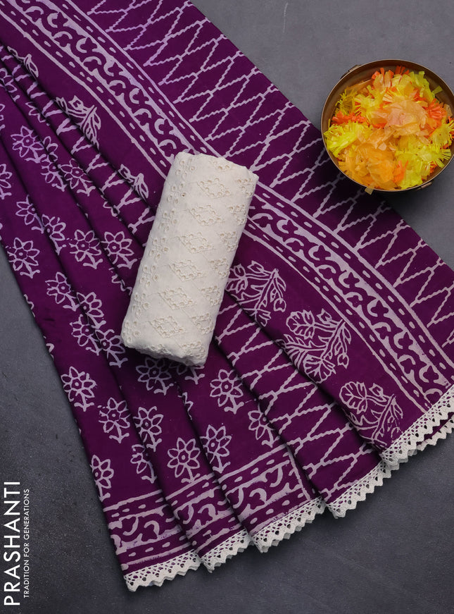 Semi pashmina silk saree purple and cream with allover floral butta prints and crocia lace work border