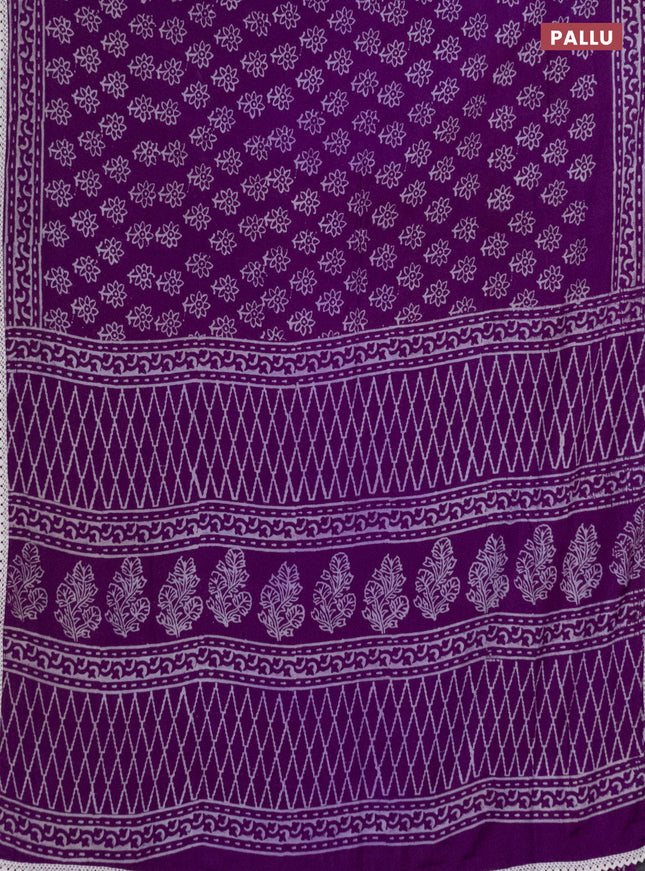 Semi pashmina silk saree purple and cream with allover floral butta prints and crocia lace work border