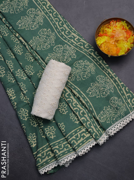 Semi pashmina silk saree green and cream with allover floral butta prints and crocia lace work border
