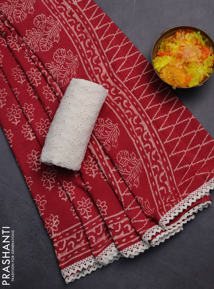 Semi pashmina silk saree maroon and cream with allover floral butta prints and crocia lace work border