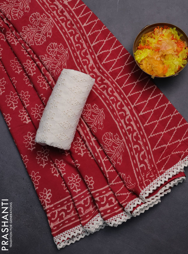 Semi pashmina silk saree maroon and cream with allover floral butta prints and crocia lace work border