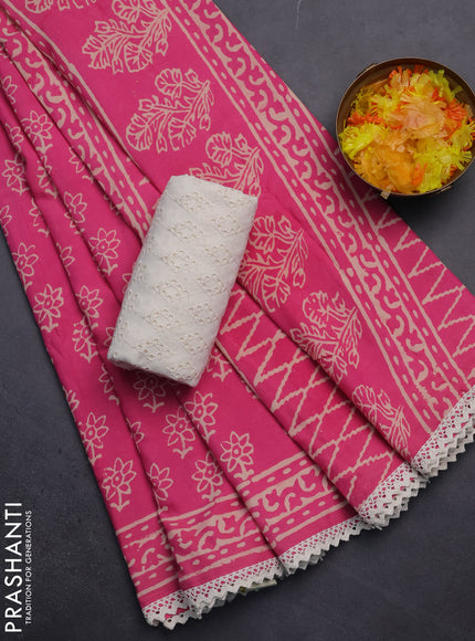 Semi pashmina silk saree pink and cream with allover floral butta prints and crocia lace work border