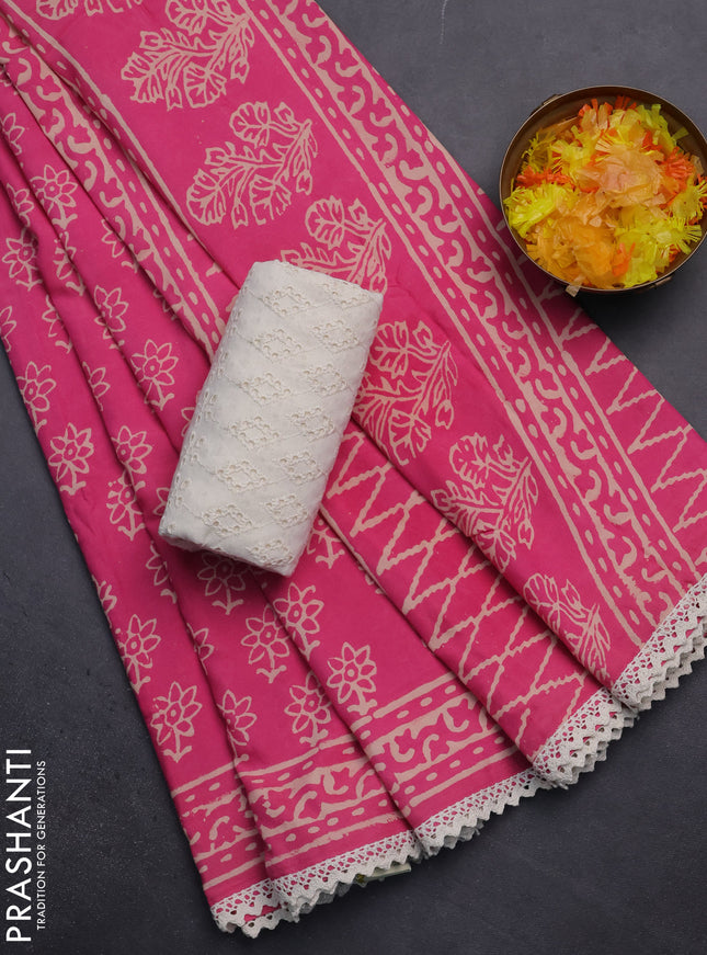 Semi pashmina silk saree pink and cream with allover floral butta prints and crocia lace work border