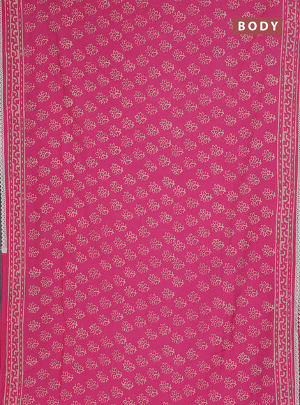 Semi pashmina silk saree pink and cream with allover floral butta prints and crocia lace work border