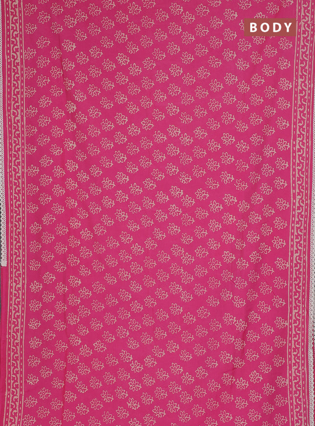 Semi pashmina silk saree pink and cream with allover floral butta prints and crocia lace work border