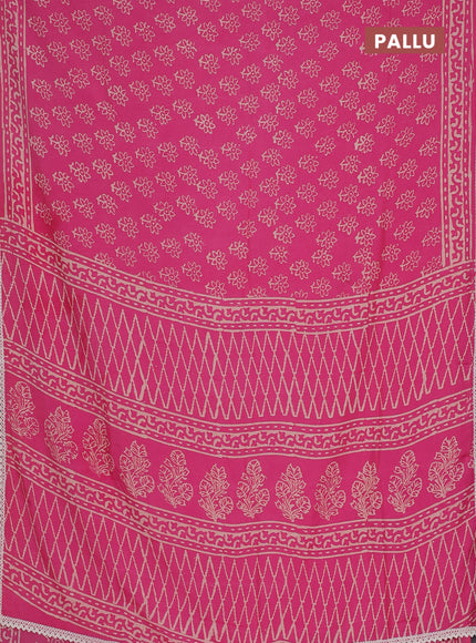 Semi pashmina silk saree pink and cream with allover floral butta prints and crocia lace work border