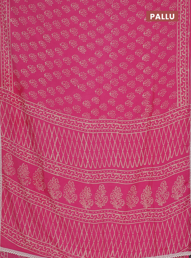 Semi pashmina silk saree pink and cream with allover floral butta prints and crocia lace work border