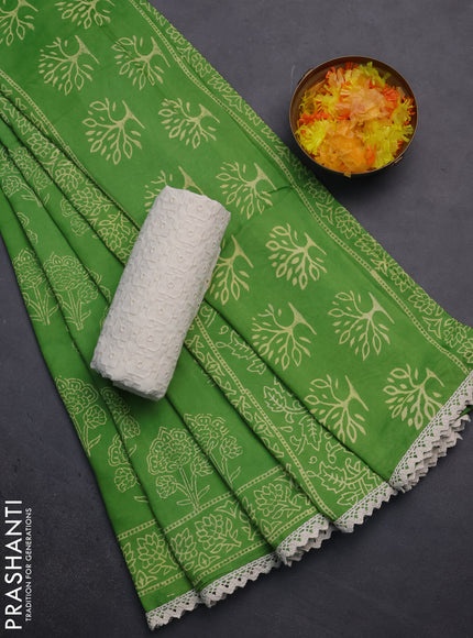 Semi pashmina silk saree light green and cream with allover floral butta prints and crocia lace work border