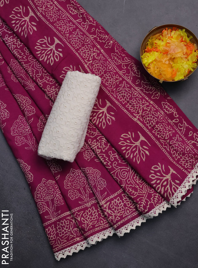 Semi pashmina silk saree purple and cream with allover floral butta prints and crocia lace work border