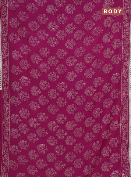 Semi pashmina silk saree purple and cream with allover floral butta prints and crocia lace work border
