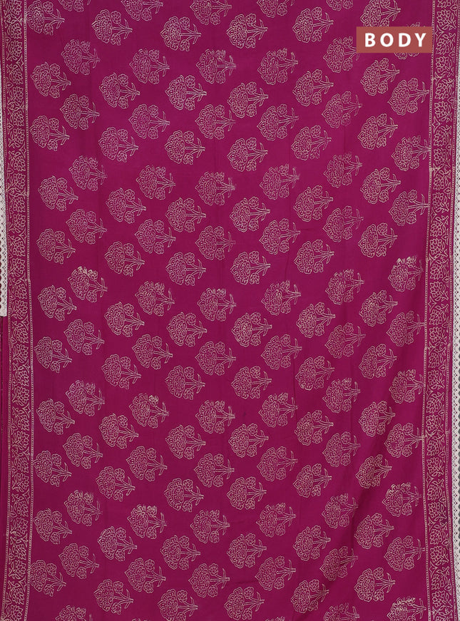 Semi pashmina silk saree purple and cream with allover floral butta prints and crocia lace work border