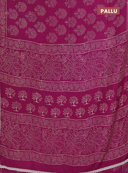 Semi pashmina silk saree purple and cream with allover floral butta prints and crocia lace work border