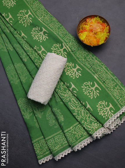 Semi pashmina silk saree green and cream with allover floral butta prints and crocia lace work border