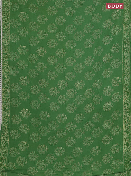 Semi pashmina silk saree green and cream with allover floral butta prints and crocia lace work border