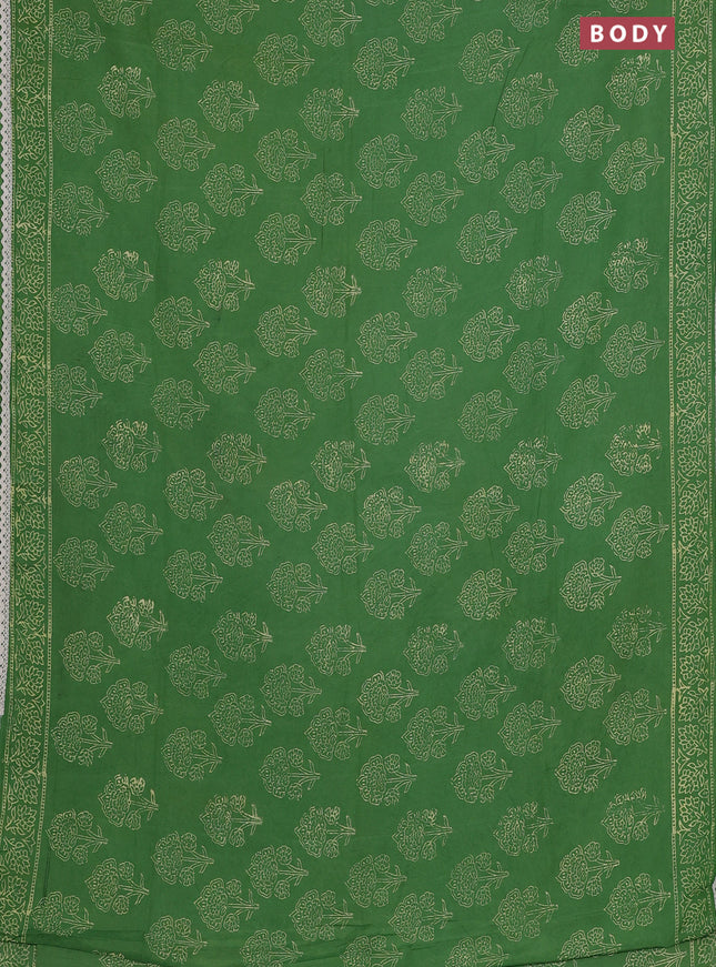 Semi pashmina silk saree green and cream with allover floral butta prints and crocia lace work border