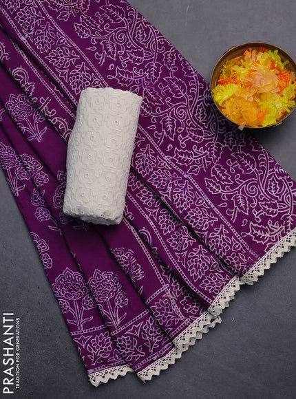 Semi pashmina silk saree purple and cream with allover floral butta prints and crocia lace work border