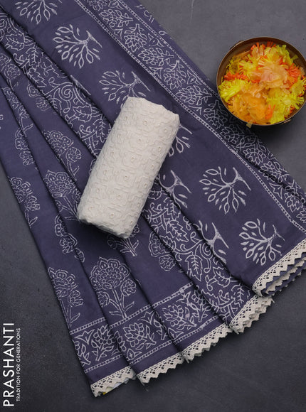 Semi pashmina silk saree grey and cream with allover floral butta prints and crocia lace work border