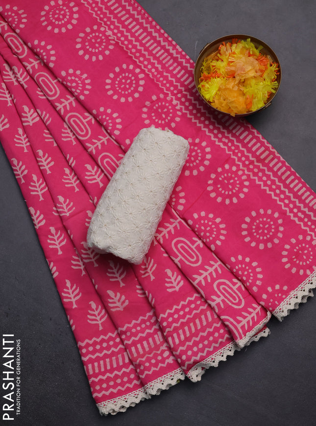 Semi pashmina silk saree pink and cream with allover butta prints and crocia lace work border