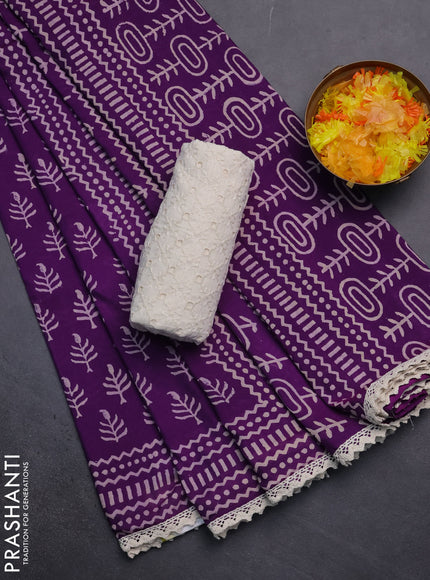 Semi pashmina silk saree purple and cream with allover butta prints and crocia lace work border