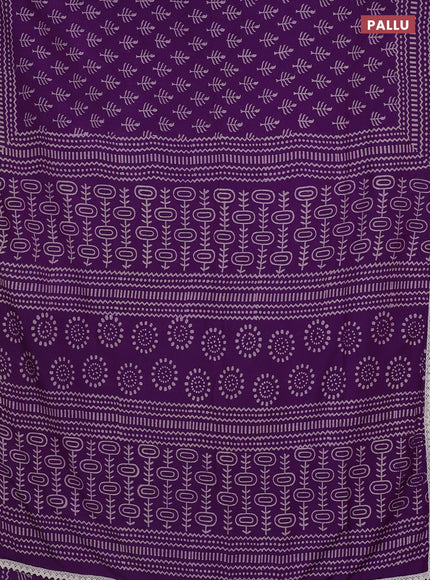 Semi pashmina silk saree purple and cream with allover butta prints and crocia lace work border