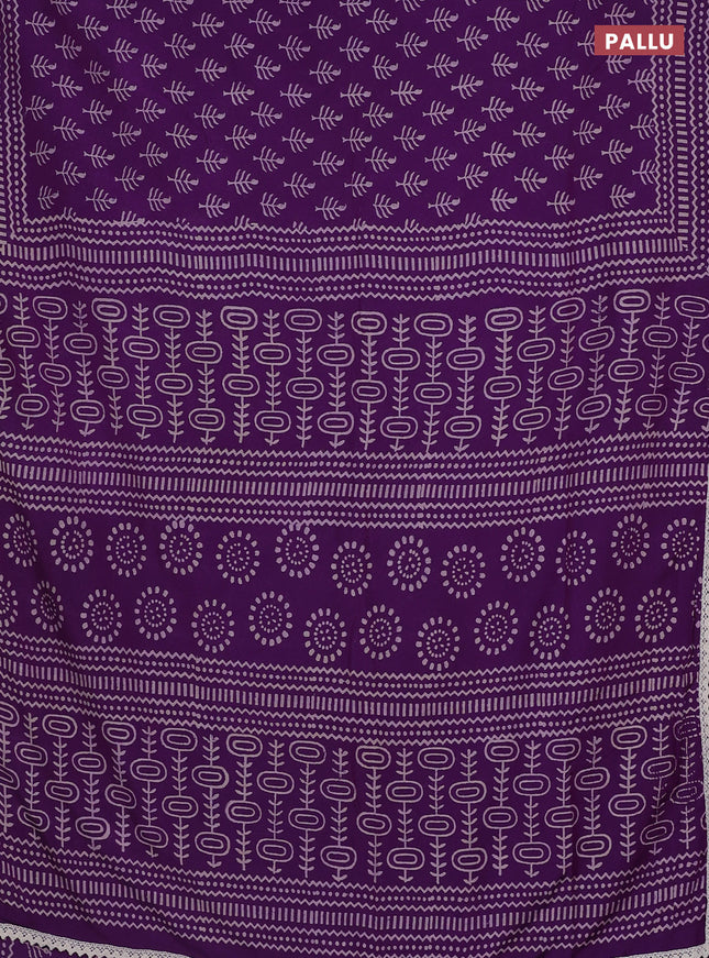 Semi pashmina silk saree purple and cream with allover butta prints and crocia lace work border