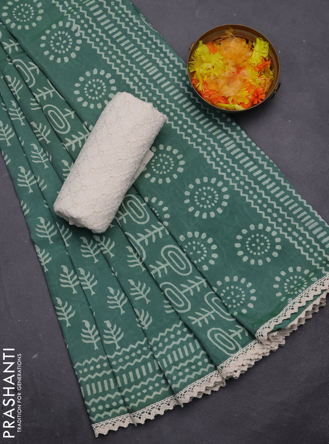 Semi pashmina silk saree green and cream with allover butta prints and crocia lace work border