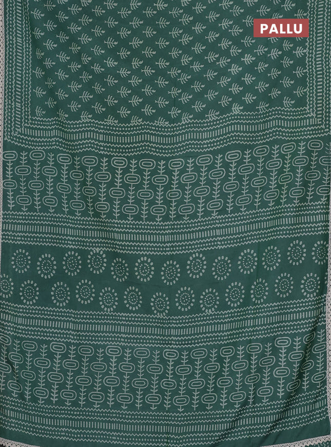Semi pashmina silk saree green and cream with allover butta prints and crocia lace work border
