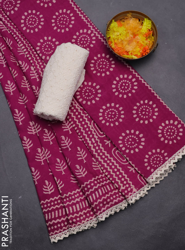 Semi pashmina silk saree purple and cream with allover butta prints and crocia lace work border