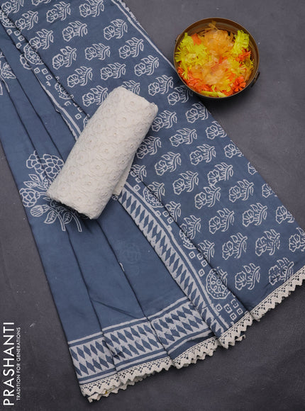 Semi pashmina silk saree bluish grey and cream with butta prints and crocia lace work border