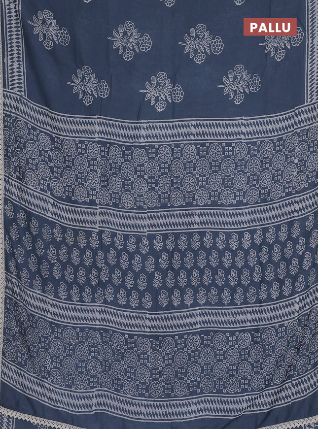 Semi pashmina silk saree bluish grey and cream with butta prints and crocia lace work border