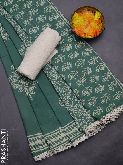 Semi pashmina silk saree green and cream with butta prints and crocia lace work border