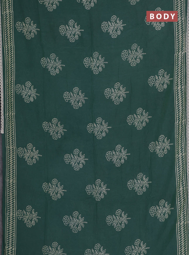 Semi pashmina silk saree green and cream with butta prints and crocia lace work border