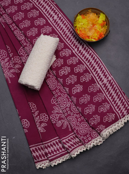 Semi pashmina silk saree purple and cream with butta prints and crocia lace work border