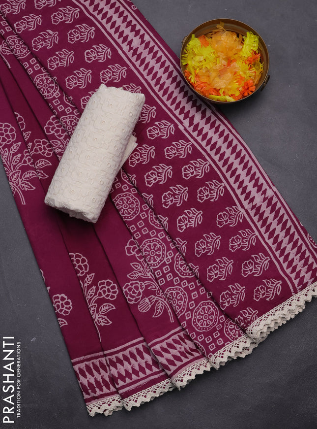 Semi pashmina silk saree purple and cream with butta prints and crocia lace work border