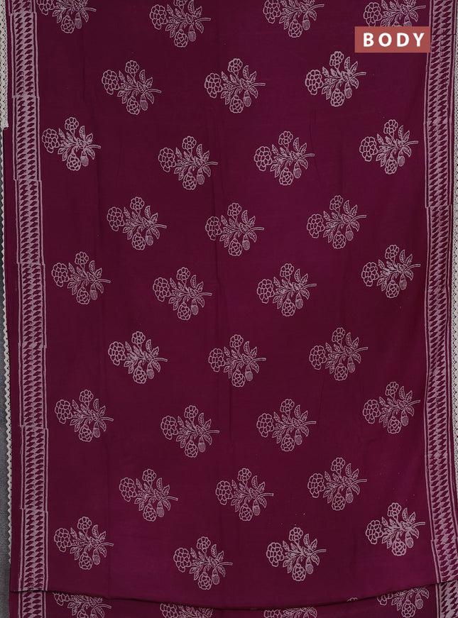 Semi pashmina silk saree purple and cream with butta prints and crocia lace work border
