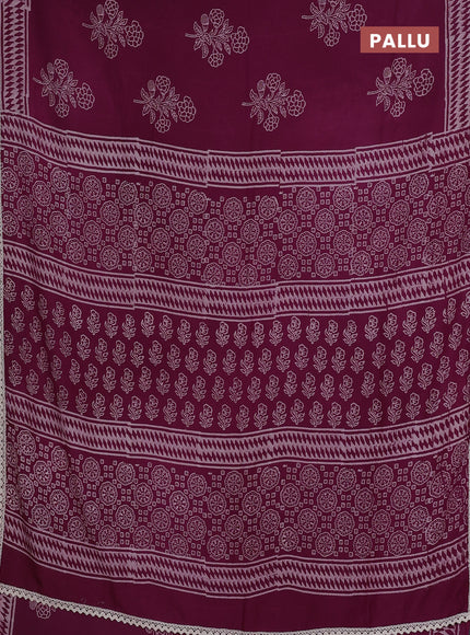 Semi pashmina silk saree purple and cream with butta prints and crocia lace work border
