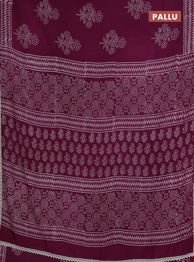 Semi pashmina silk saree purple and cream with butta prints and crocia lace work border