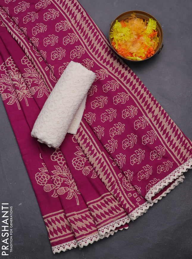Semi pashmina silk saree magenta pink and cream with butta prints and crocia lace work border
