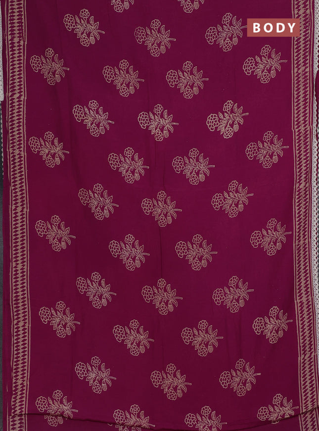 Semi pashmina silk saree magenta pink and cream with butta prints and crocia lace work border