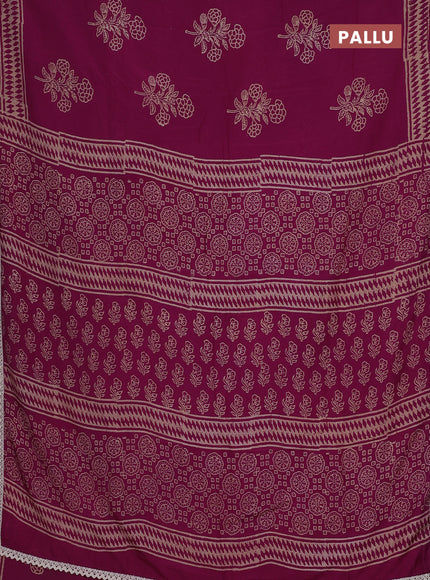 Semi pashmina silk saree magenta pink and cream with butta prints and crocia lace work border