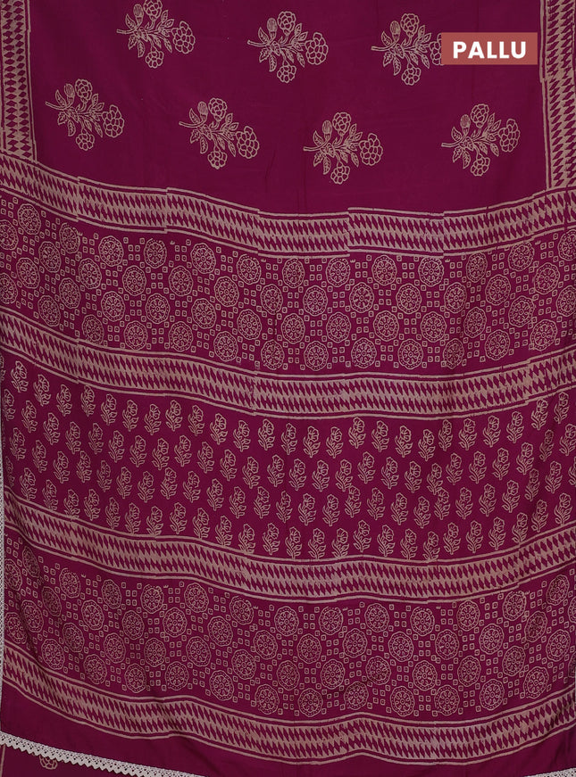 Semi pashmina silk saree magenta pink and cream with butta prints and crocia lace work border