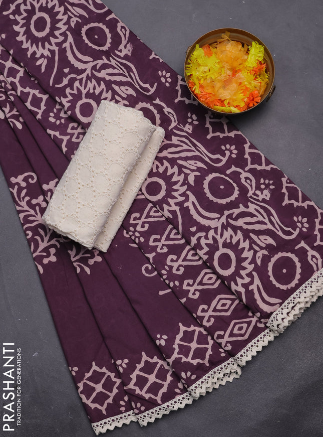 Semi pashmina silk saree wine shade and cream with butta prints and crocia lace work border