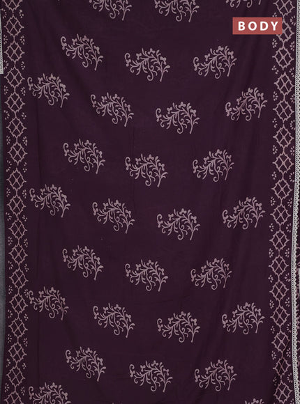 Semi pashmina silk saree wine shade and cream with butta prints and crocia lace work border