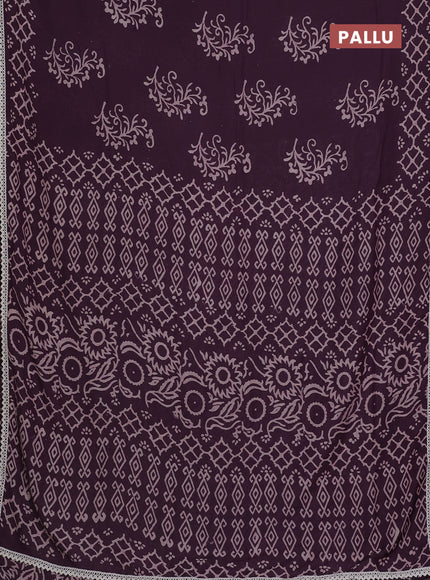 Semi pashmina silk saree wine shade and cream with butta prints and crocia lace work border