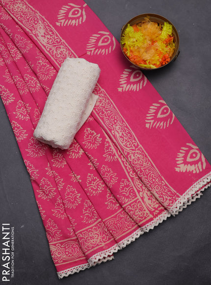 Semi pashmina silk saree pink and cream with allover butta prints and crocia lace work border