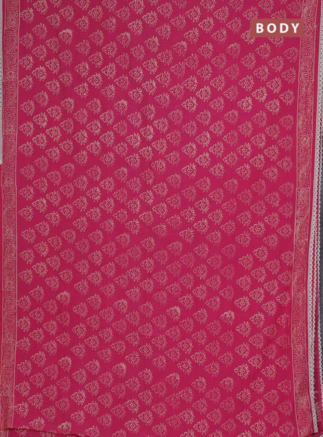 Semi pashmina silk saree pink and cream with allover butta prints and crocia lace work border