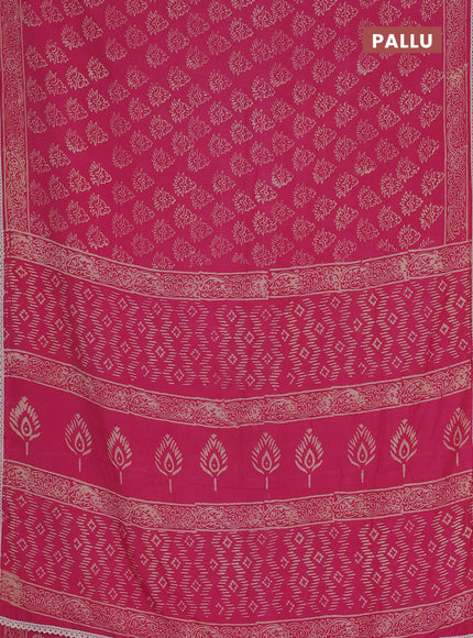 Semi pashmina silk saree pink and cream with allover butta prints and crocia lace work border